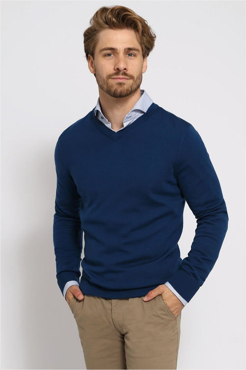 Suitable merino pullover v-hals indigo blauw